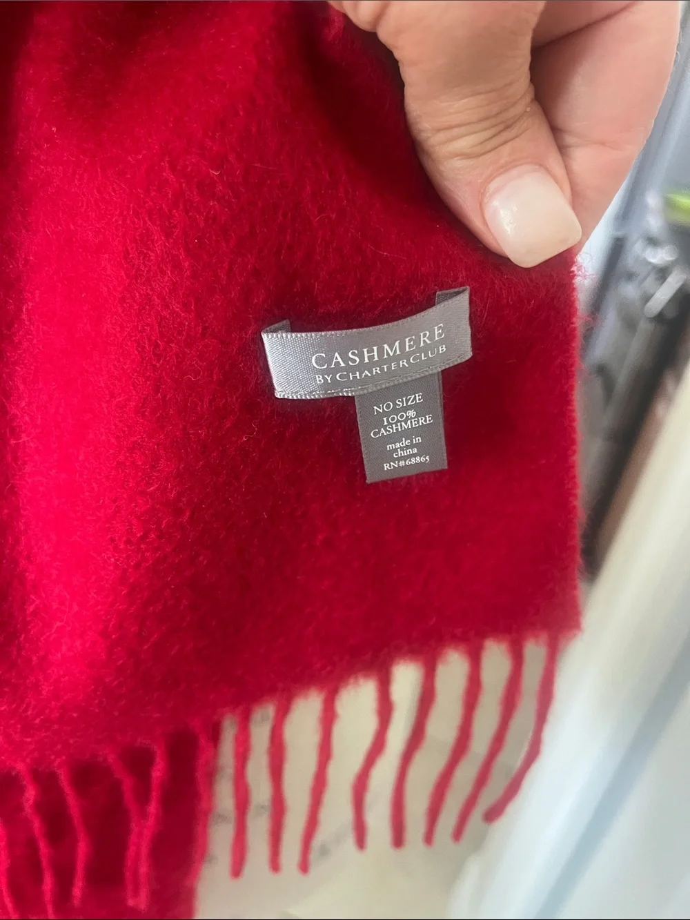 Luxurious Charter Club candy apple red 100% Cashmere scarf with fringe